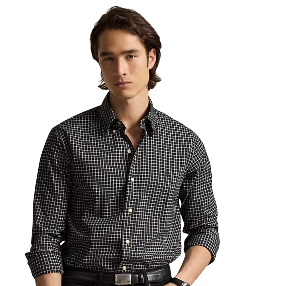 Polo Ralph Lauren Lowell Sport Shirt Mens XL Navy Blue White Grid Check Cotton